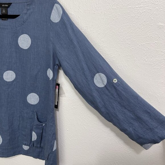 Ali Miles 100% Linen Blue Chambra Polka Dot Artsy Pointed Hem Tab Sleeve Top S - Picture 4 of 12